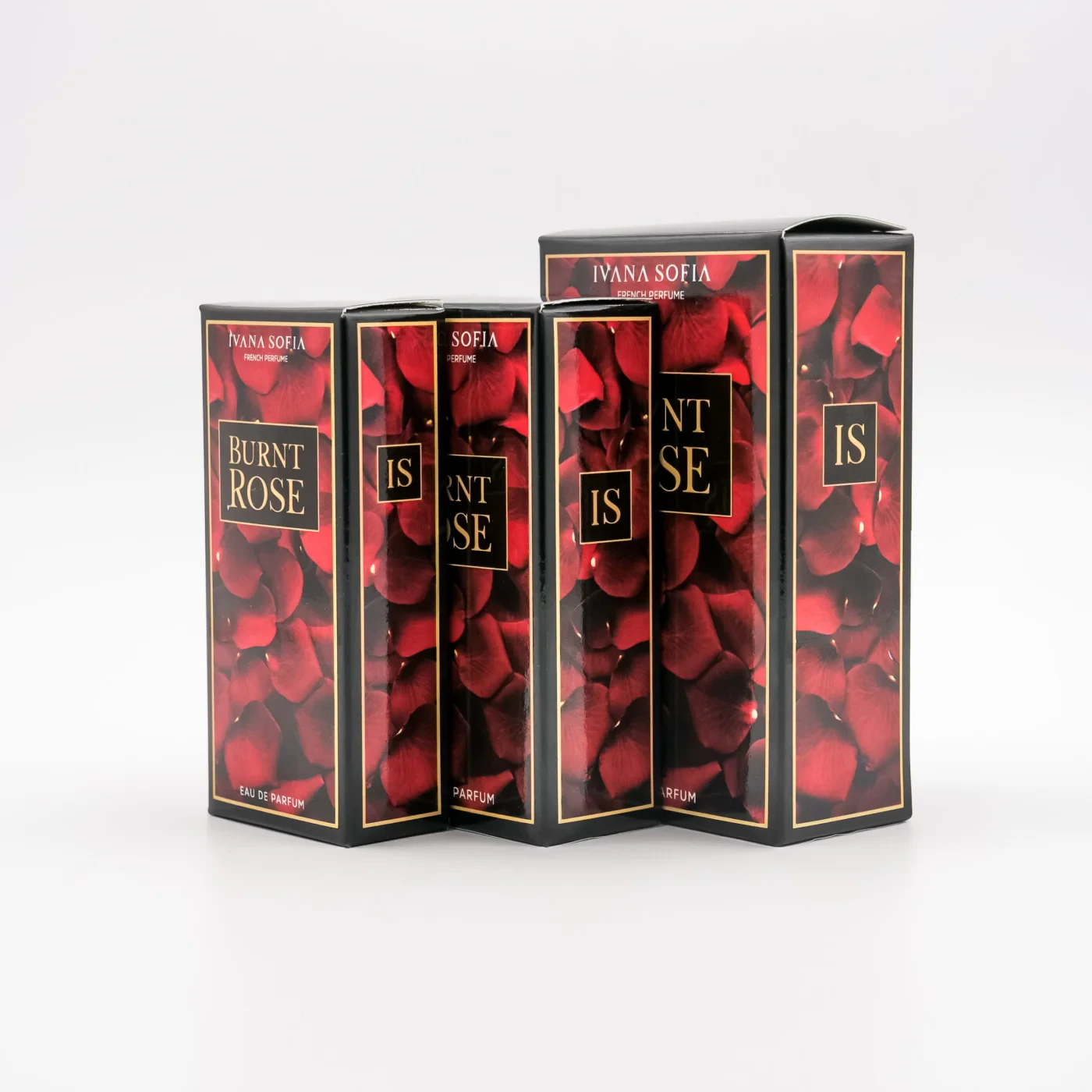 Burnt Rose fragrance bottle, side view